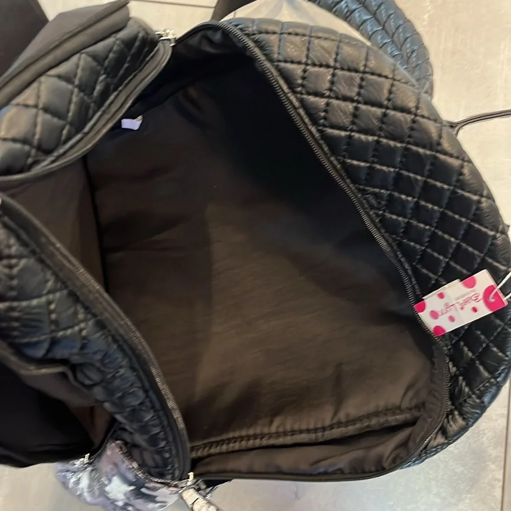 NWT Bari Lynn Chic Accessories Backpack Black/Silver Camo w/ Black Quilted Puff